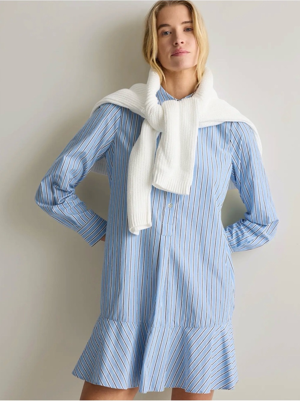 Quince Blue and White Striped Mini Shirt Dress with Ruffle Hem